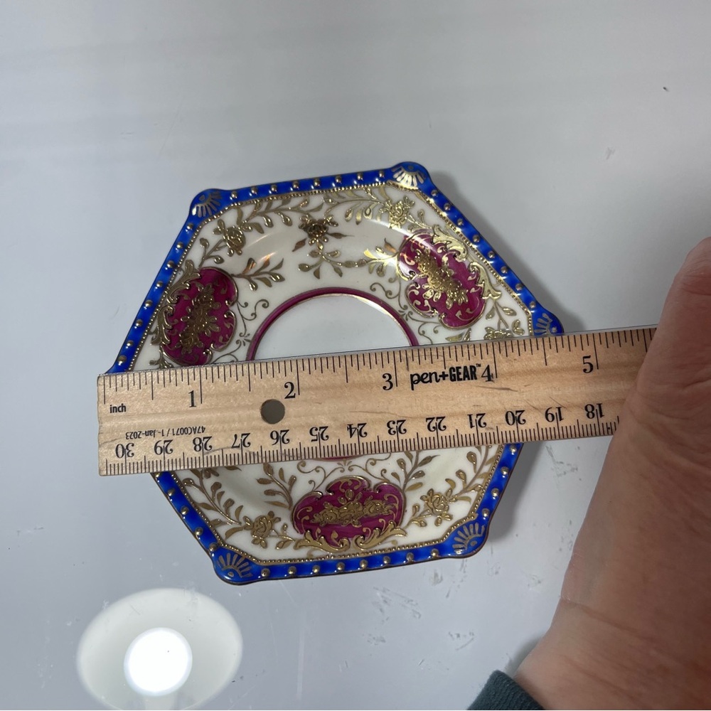 Japanese Ornate Gilt Porcelain Tea Cup & Saucer - Pink, Blue, Gold miniature - Picture 2 of 10